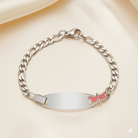 Çocuk Çelik Bileklik - İsme Özel Yazılı - Gümüş Renk - Pembe Yusufcuk Figürlü - Figaro Zincirli