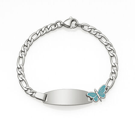 Çocuk Çelik Bileklik - İsme Özel Yazılı - Gümüş Renk - Turkuaz Kelebek Figürlü - Figaro Zincirli