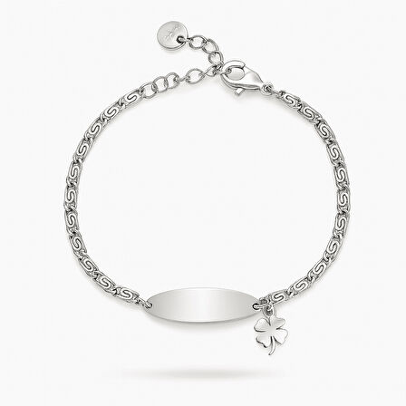 Çocuk Çelik Bileklik - İsme Özel Yazılı - Gümüş Renk - Yonca Yaprağı Detaylı - Espanzer Zincirli