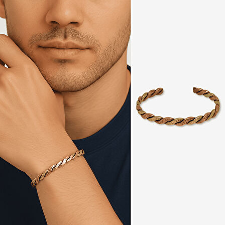 Erkek Bakır Pirinç Bileklik - Taşlamalı Burma Model - Otantik Tasarım - Ayarlanabilir Yapı