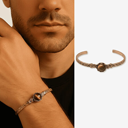 Erkek Bakır Bileklik - Kaplan Gözü Doğaltaşlı - Otantik Tasarım - Ayarlanabilir Yapı