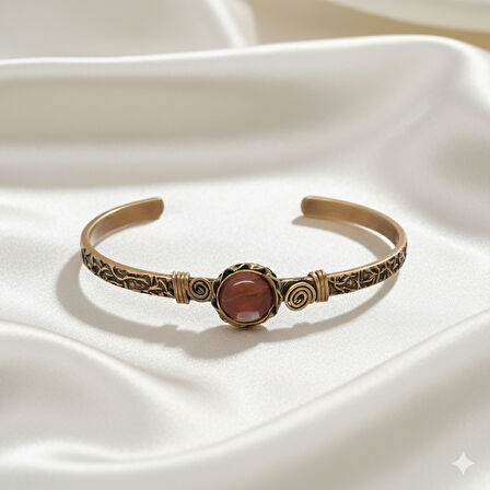 Kadın Bakır Bileklik - Pembe Kuvars Doğaltaşlı - Otantik Tasarım - Ayarlanabilir Yapı