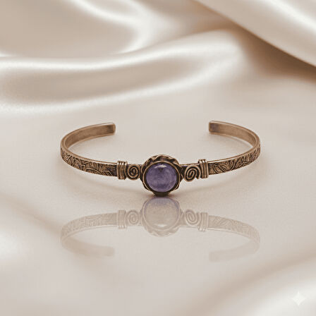 Erkek Bakır Bileklik - Ametist Doğaltaşlı - Otantik Tasarım - Ayarlanabilir Yapı