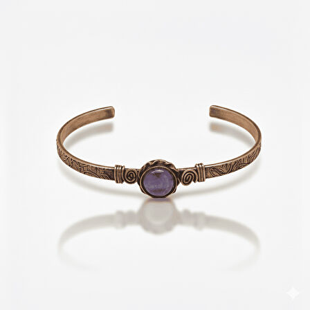 Erkek Bakır Bileklik - Ametist Doğaltaşlı - Otantik Tasarım - Ayarlanabilir Yapı