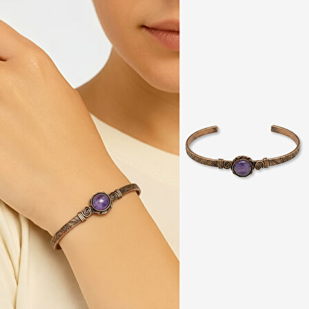 Kadın Bakır Bileklik - Ametist Doğaltaşlı - Otantik Tasarım - Ayarlanabilir Yapı