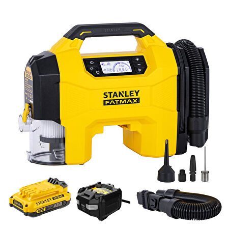 STANLEY SXVI02001A 12V/18V 2Ah Li-ion Şarjlı 160 PSI Dijital Göstergeli Lastik&amp;Yatak Şişirme Pompası+Araç Süpürgesi