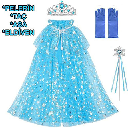 Periboia Frozen Elsa Pelerin Taç Asa ve Eldiven Seti 80 cm 