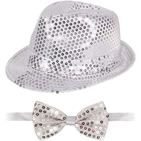 Periboia Gümüş Payetli Şapka ve Papyon Seti – Parıltılı Yetişkin Kostüm Seti