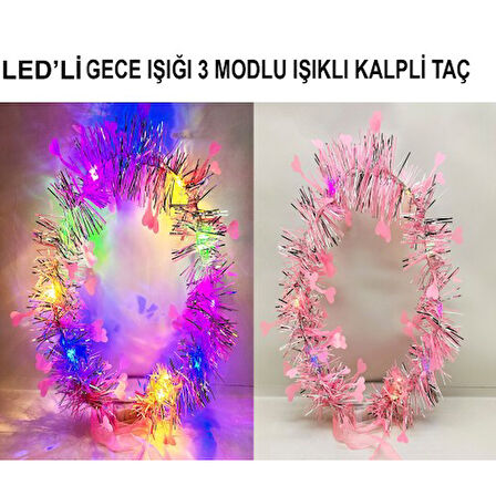 Periboia Kalp Püsküllü 3 Modlu LED Işıklı Taç Pembe Renk