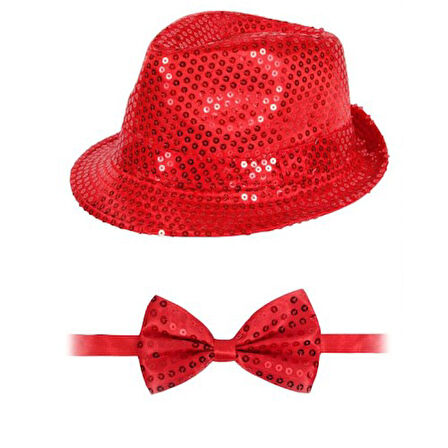 Periboia Kırmızı Payetli Şapka ve Papyon Seti – Parıltılı Yetişkin Kostüm Seti