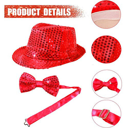 Periboia Kırmızı Payetli Şapka ve Papyon Seti – Parıltılı Yetişkin Kostüm Seti