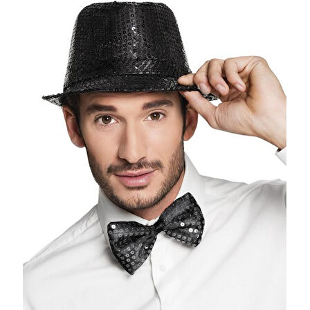 Periboia Siyah Payetli Şapka ve Papyon Seti – Parıltılı Yetişkin Kostüm Seti
