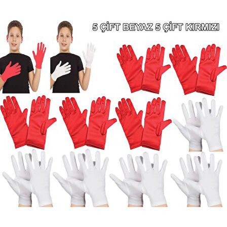 Periboia Çocuk Gösteri Eldiven Seti – 5 Çift Beyaz &amp; 5 Çift Kırmızı
