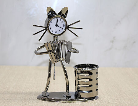 Periboia Metal Akordiyon Çalan Müzisyen Kedi Müzisyen Saat Ve Kalemlik