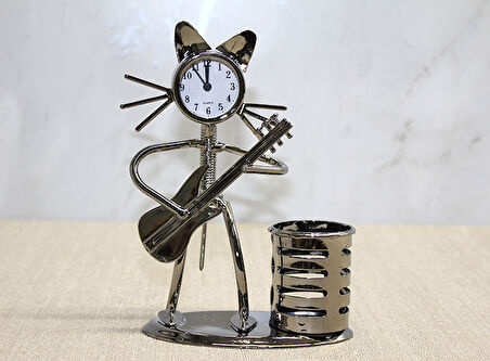 Periboia Metal Gitar Çalan Müzisyen Kedi Saat Ve Kalemlik