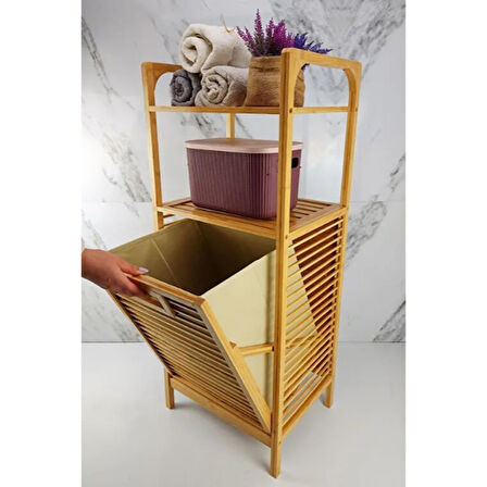 Periboia 2 Organizer Raflı Ahşap Bambu Çek-Aç Kirli Sepeti