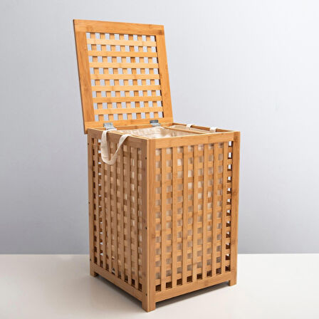Periboia Büyük Boy Ahşap Bambu Kirli Sepeti 45x45x62