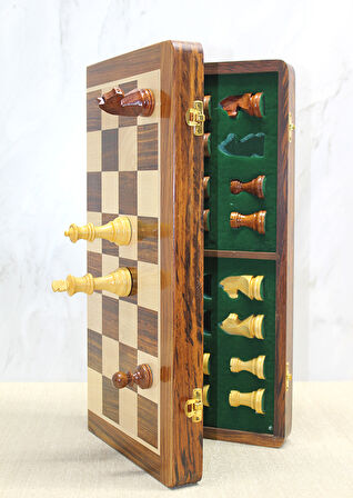 Periboia Mıknatıs Taşlı Ahşap Katlanabilir Kutulu Satranç Oyunu 40 Cm