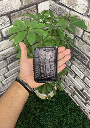 Hakiki Deri Timsah Baskılı Siyah Kartlık (T51)