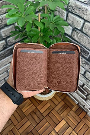 Derije Hakiki Deri Fermuarlı Taba Erkek Mini Cüzdan (T260)