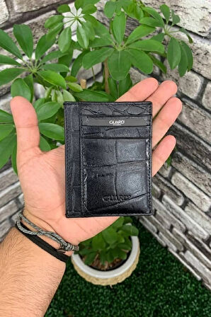 Hakiki Deri Timsah Baskı Siyah İnce Kartlık (T591)