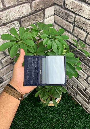 Derije Hakiki Deri Lacivert Croco Desenli Lastikli Spor Kartlık (T1053)