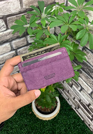 Hakiki Deri Ultra İnce Unisex Mor Nubuk Minimal Kartlık (T1078)