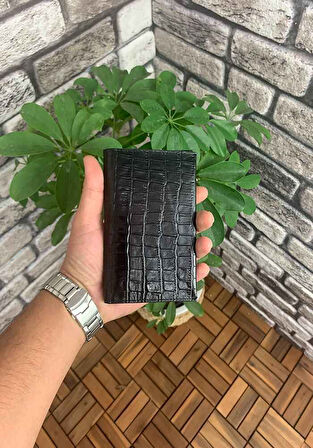 Hakiki Deri Croco Baskılı Siyah Pasaport Kılıfı (T1377)