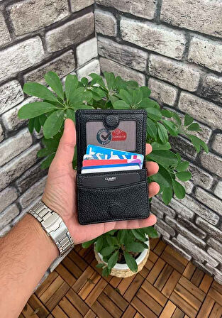 Derije Hakiki Deri Mıknatıslı Küçük Boy Siyah Kartlık/Kartvizitlik (T1064)