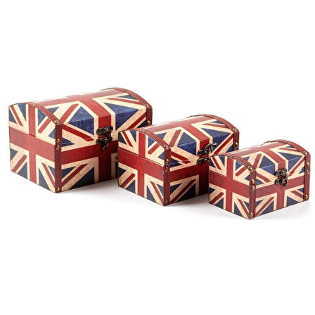 Dekoratif Ahşap Üçlü Takı Kutusu İngiltere Bayrağı Temalı