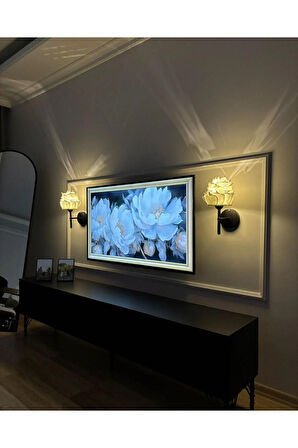 2'li Beyaz Eva Gül Tasarım Kablosuz Pilli Aplik - Alt Siyah (Tüm Boy 35 cm)