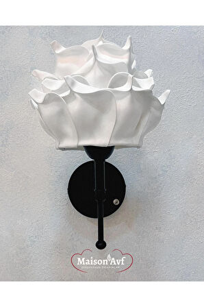 Beyaz Eva Gül Tasarım Kablosuz Pilli Aplik - Alt Siyah (Tüm Boy 35 cm)