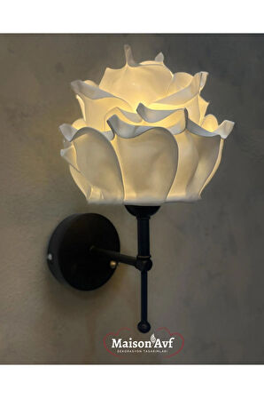 Beyaz Eva Gül Tasarım Kablosuz Pilli Aplik - Alt Siyah (Tüm Boy 35 cm)