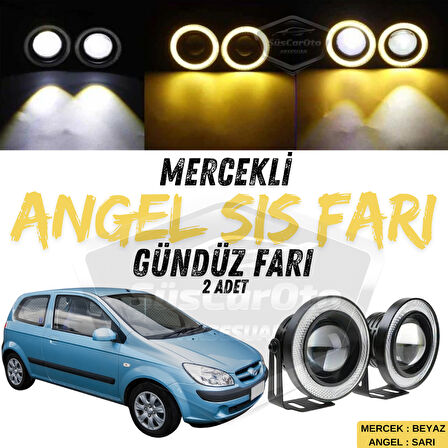 Hyundai Getz 2002–2011 Uyumlu Üniversal Mercekli Angel Sis Farı Metal Su Geçirmez 76 mm Sarı Halkalı Gündüz Farı Angel Eyes 2 Adet