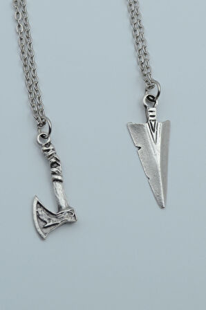 2'li Viking Balta Triagle Ok Ucu Gümüş Kaplama Kolye Seti