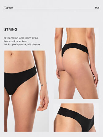 Türen Kadın Lazer Kesim Pamuklu String Külot 912/Siyah