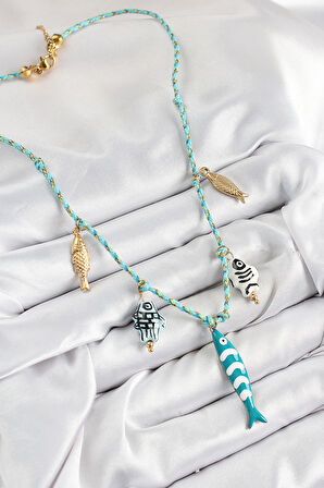 Seramik Motifli Balık Figürlü Model Mavi İp Kadın Kolye