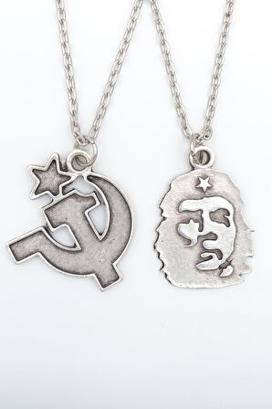 2'li Che Guevare - Orak Çekiç Erkek Kadın Kolye Seti 925 Ayar Gümüş Kaplama