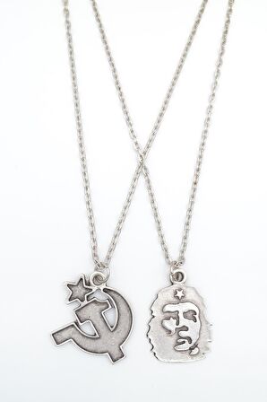 2'li Che Guevare - Orak Çekiç Erkek Kadın Kolye Seti 925 Ayar Gümüş Kaplama