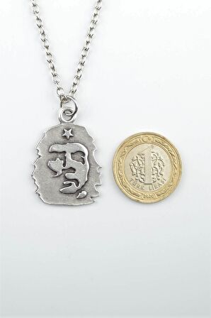 Che Guevara  Erkek Kadın Kolye Antik Gümüş Kaplama - 60 cm Düz Zincir