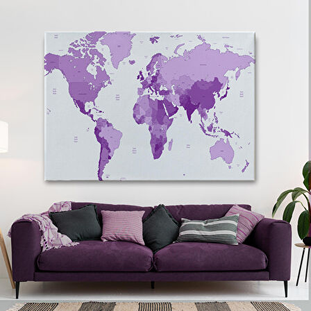 Harita Sepeti Dünya Haritası Mor Renkli Dekoratif Kanvas Tablo 1044