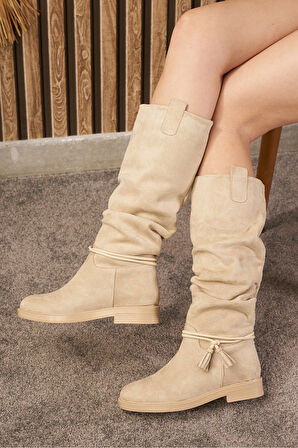 Günlük Kadın Diz Altı Çizme Körüklü Alçak Topuklu Tırtıklı Tabanlı Kürklü Astarlı Püskül Detay 1045