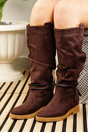 Günlük Kadın Diz Altı Çizme Körüklü Alçak Topuklu Tırtıklı Tabanlı Kürklü Astarlı Püskül Detay 1045