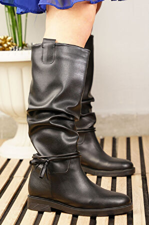 Günlük Kadın Diz Altı Çizme Körüklü Alçak Topuklu Tırtıklı Tabanlı Kürklü Astarlı Püskül Detay 1045