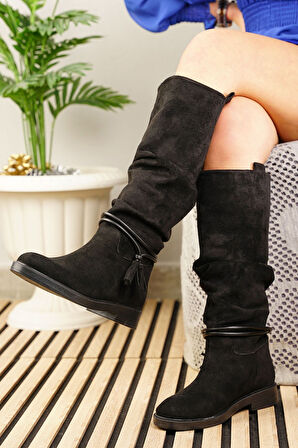 Günlük Kadın Diz Altı Çizme Körüklü Alçak Topuklu Tırtıklı Tabanlı Kürklü Astarlı Püskül Detay 1045