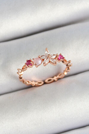 Pirinç Papatya Figürlü Zirkon Taşlı Rose Gold Renk Ayarlanabilir Kadın Yüzük