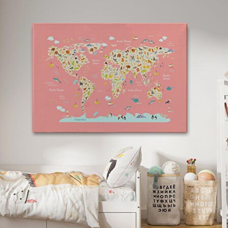 Harita Sepeti Çocuk Odası Hayvan Desenli Dekoratif Kanvas Tablo 1045