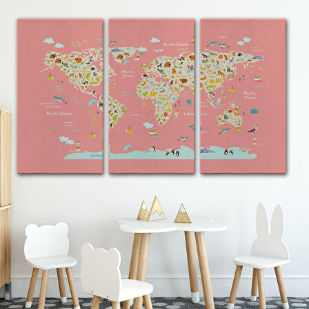 Harita Sepeti Çocuk Odası Hayvan Desenli Dekoratif Kanvas Tablo 1045