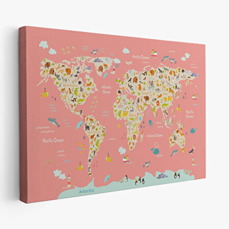 Harita Sepeti Çocuk Odası Hayvan Desenli Dekoratif Kanvas Tablo 1045