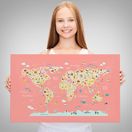 Harita Sepeti Çocuk Odası Hayvan Desenli Dekoratif Kanvas Tablo 1045